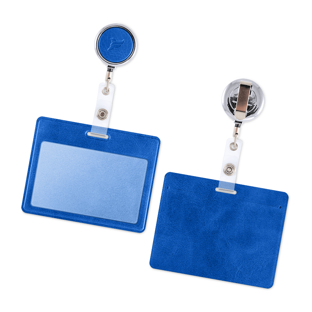 Карман с металлическим ретрактором - горизонтальный, цвет синий Classic