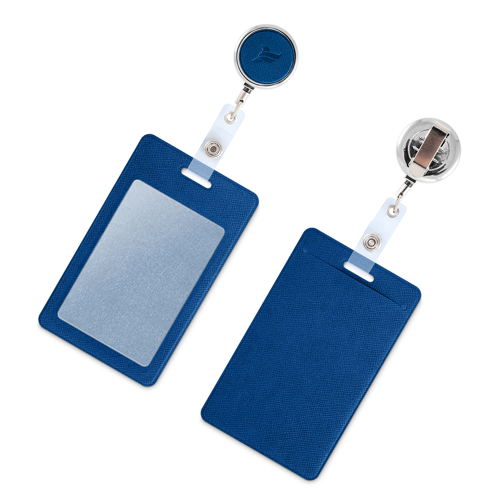 Карман с металлическим ретрактором - вертикальный, цвет темно-синий