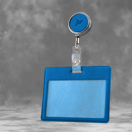 Карман с металлическим ретрактором - горизонтальный, цвет синий